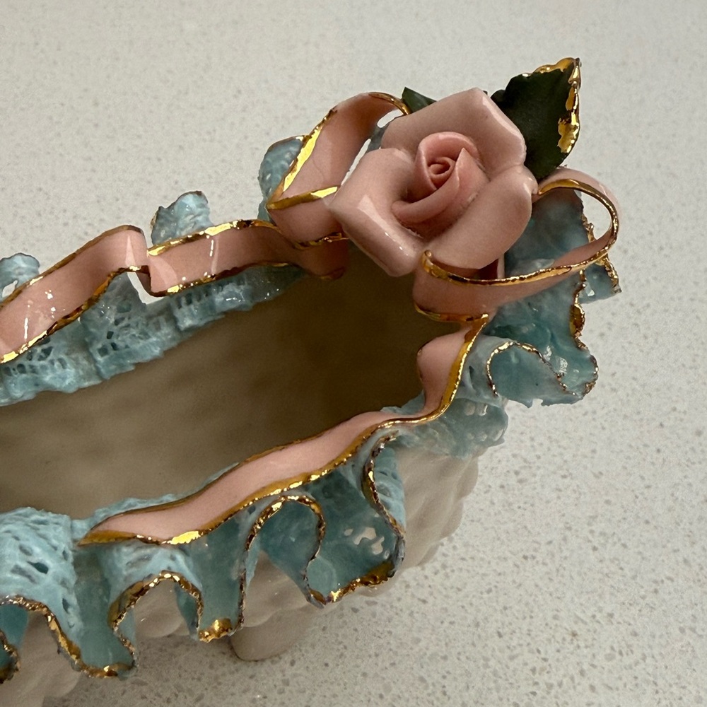 Vintage Porcelain Decorative Shoe Slipper Pink Roses Hobnail Mid-Century 50s - Picture 12 of 17
